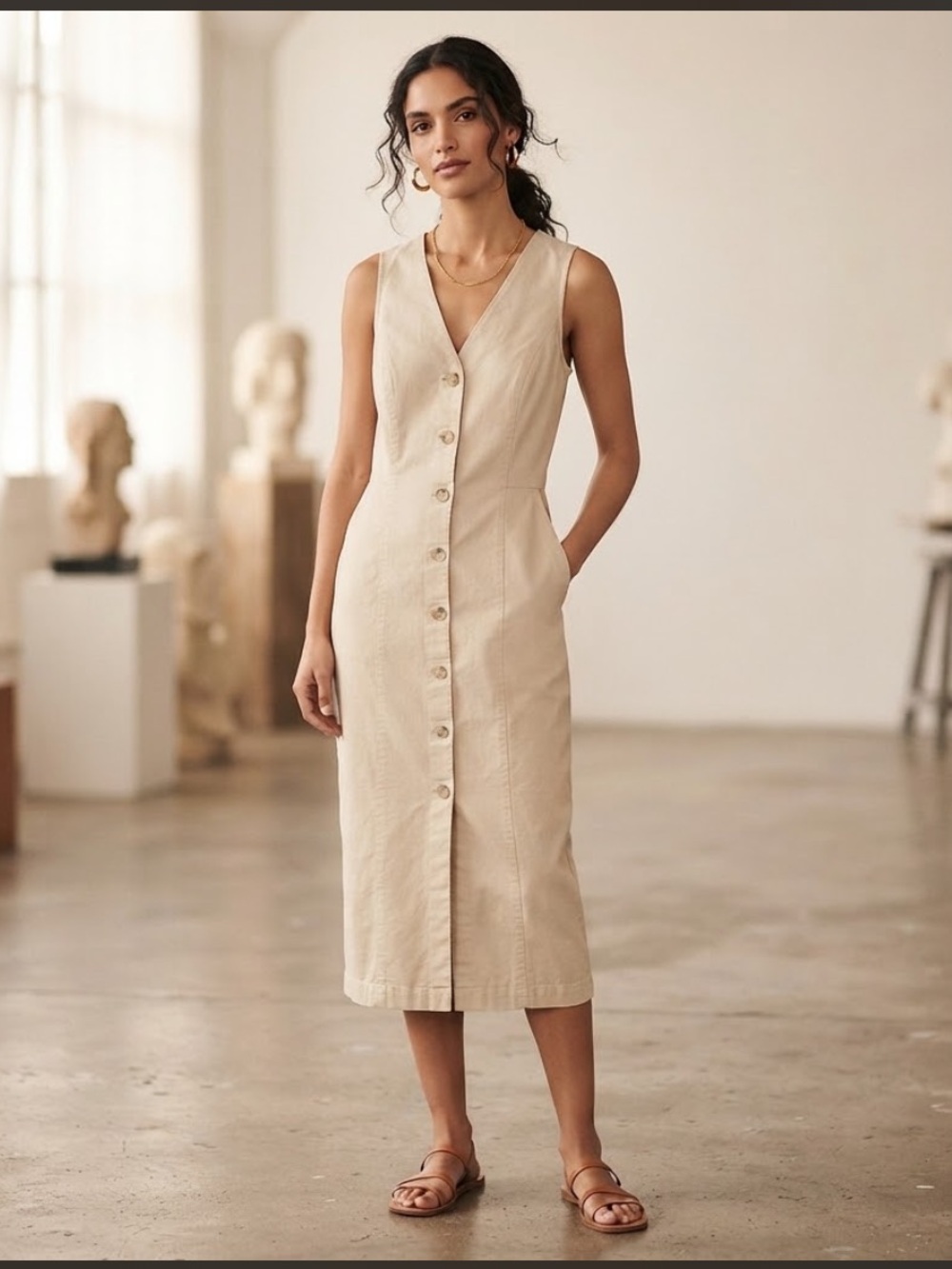 Columbia Sportswear Tan Beige Utility Button Front Midi Dress Sleeveless Size 6